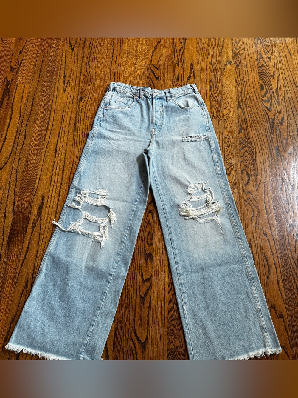 We the Free Light Blue Denim Wide-Leg Jeans High Rise Distressed Size 27